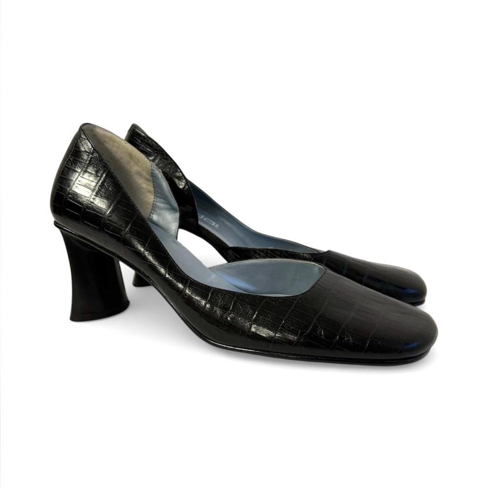 Vintage MODA Pumps Black Leather‎ Alligator Embossed Heels 80s 90s Shoes 8.5
